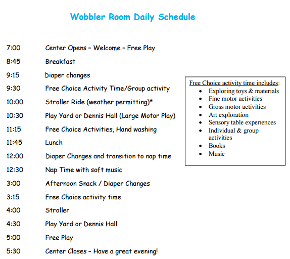 Wobbler room daily schedule